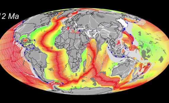 Lage der tektonischen Platten und Ozeane vor 12 Millionen Jahren