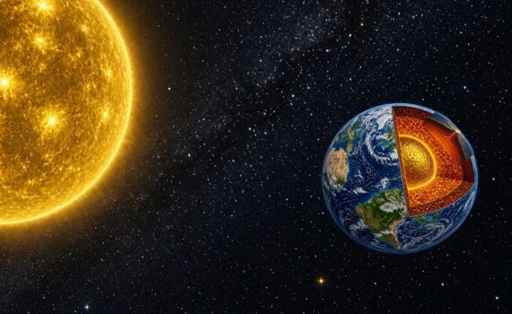 Sonne und Erde (als geologischer Himmelskörper) im Weltraum