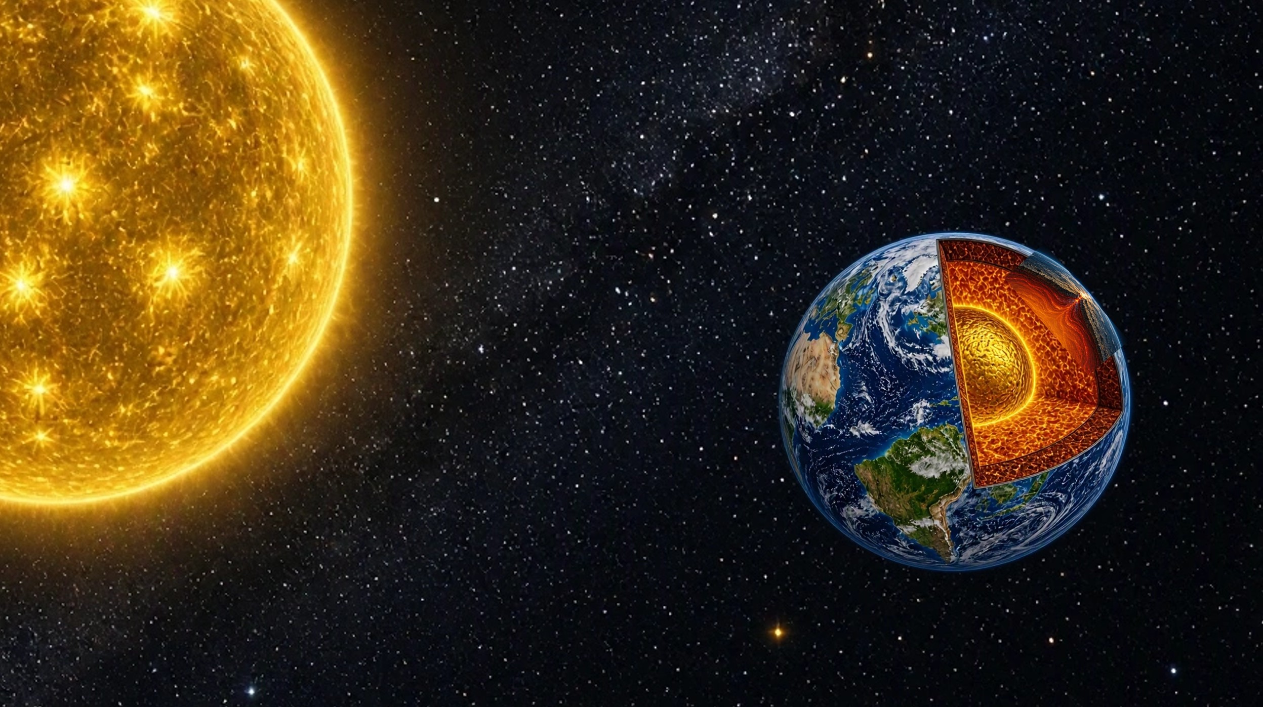 Sonne und Erde (als geologischer Himmelskörper) im Weltraum